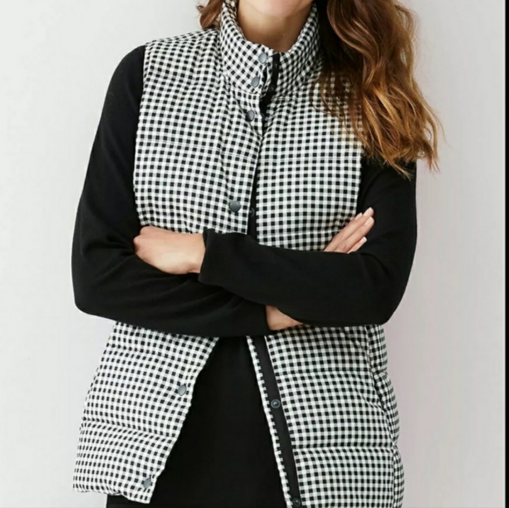 J.JILL Womens Down Fill Light Puffer Vest Black White Checkered Small Cozy Layer